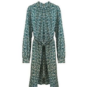 Like New Ruched Mock Neck White Floral Print Teal Midi Dress